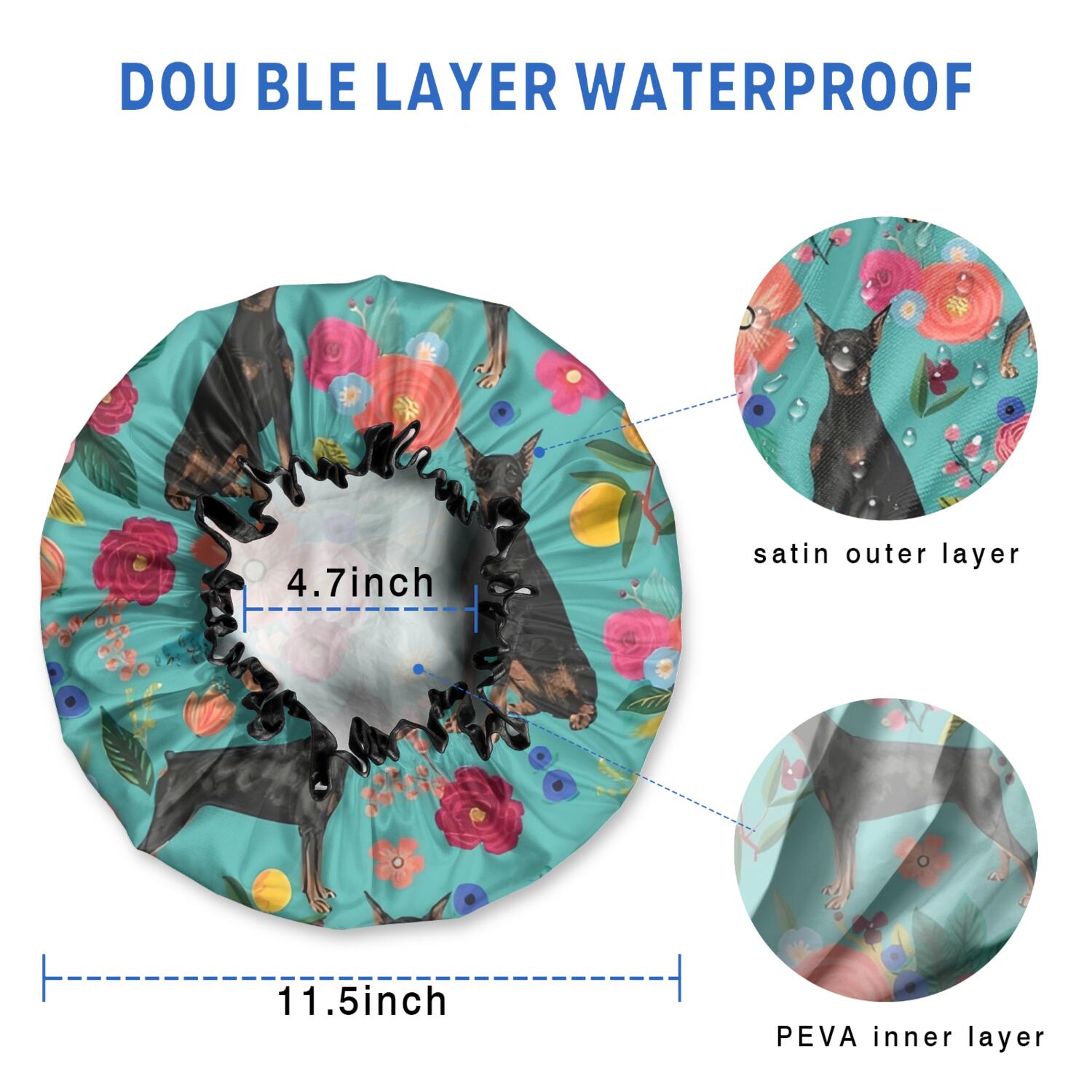 Shower Caps,Doberman Dog Pattern with Pioneer Flower Waterproof Shower Cap for Women 4 Pieces,Double Reusable Hair Cover for Shower PEVA Elastic Stretch Hem