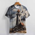 thumbnail image 3 of Lighthouse Sunrise Coast Scenery Pale Blue Tan Women's Short Sleeve T-Shirt Crew Neck Casual Summer Trendy Loose Fit Tops, 3 of 6