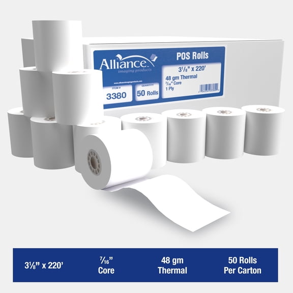 Receipt Paper Rolls 3 1/8 x 220 Alliance Thermal, 50 roll | case, white BPA Free