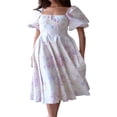 thumbnail image 2 of PENGXIANG Robe pour Femmes Adulte Imprimé Fleuri/couleur Unie Manches Courtes Bouffantes Col Carré Robe Féminine, 2 of 5