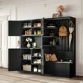 thumbnail image 2 of L-Shaped Hall Tree with Storage and 4 Hooks, Multifunctional 2-in-1 Mudroom Storage Organizer with Bench, Center Storage Open Cabinets for Living Room, Kitchen and Hallway, Black, 2 of 9