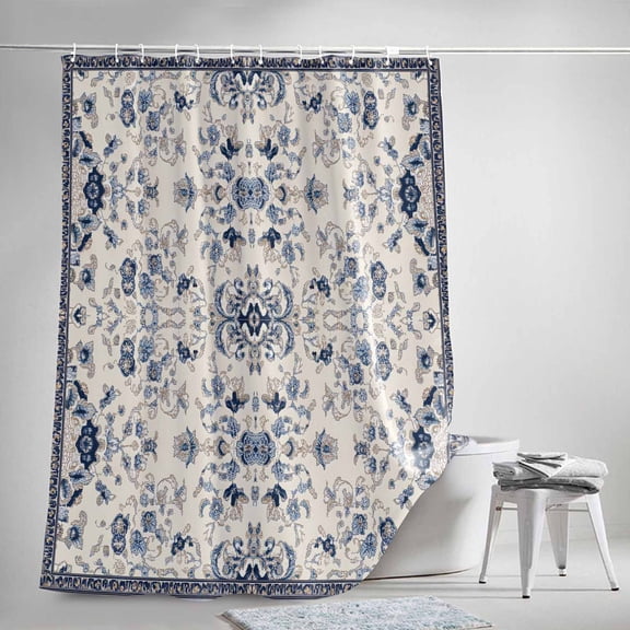 Shower Curtain, Bohemia Blue Flower Pattern on Beige Waterproof Shower Curtain Set with Hooks for Bathroom Showers,Stalls and Bathtubs,36x72In Retro Abstract Art