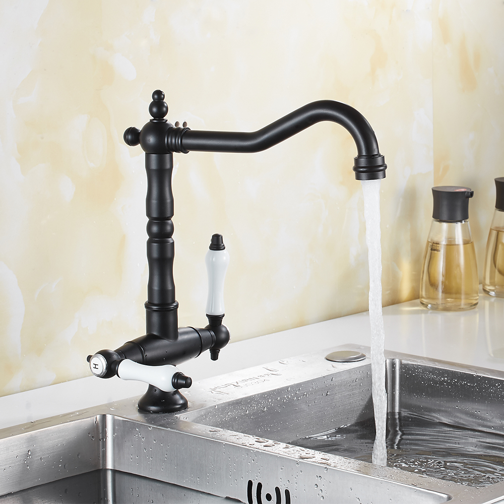ODOMY Traditional Kitchen Tap Kitchen Sink Mixer Tap Double Handle Solid Brass Kitchen Tap Antique Bronze Brass Georgian Classic Faucet Dual Lever - image 4 of 9