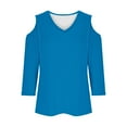 thumbnail image 4 of Womens Cold Shoulder Shirt 3/4 Long Sleeve V-Neck Blouse Casual Loose Fit Top Striped Spring Fall Clothes (Blue S), 4 of 5