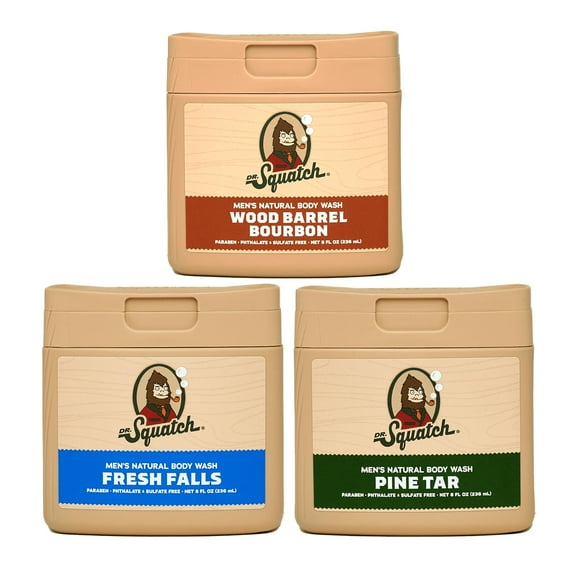 Dr. Squatch NEW Natural Body Wash for Men - Non-Exfoliating - Pine Tar + Wood Barrel Bourbon + Fresh Falls (8 oz, 3 Pack)