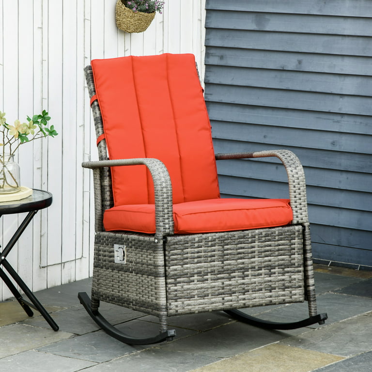 Outsunny Adjustable Patio Rattan Leisure Chair, Outdoor Relax PE Rattan Recline Lounge Furniture, w/ Cushion & Armrest - Red