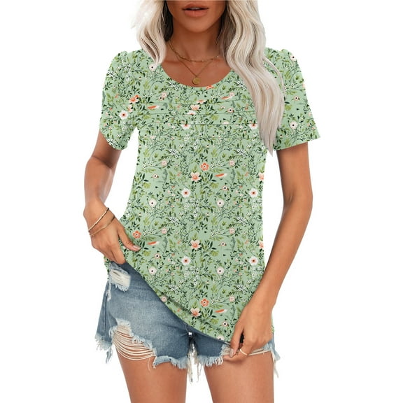 WUJINXIA Women's Blouses Summer Short Sleeve Shirts Casual Pleated Floral Tops