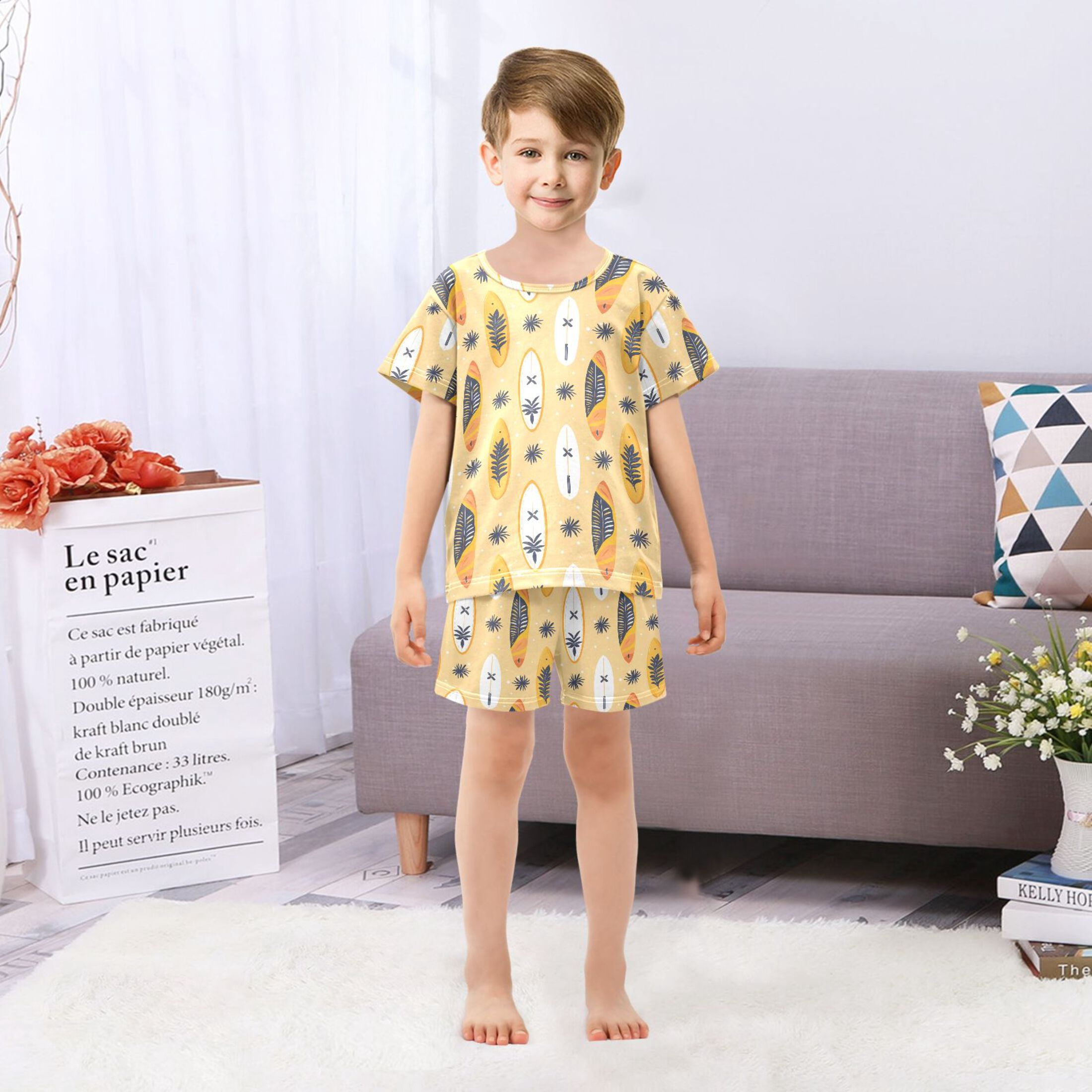joogoo Surfboard Summer Pattern Pajama Sets Short Sleeve Cotton 2-Piece Sleepwear 10Y