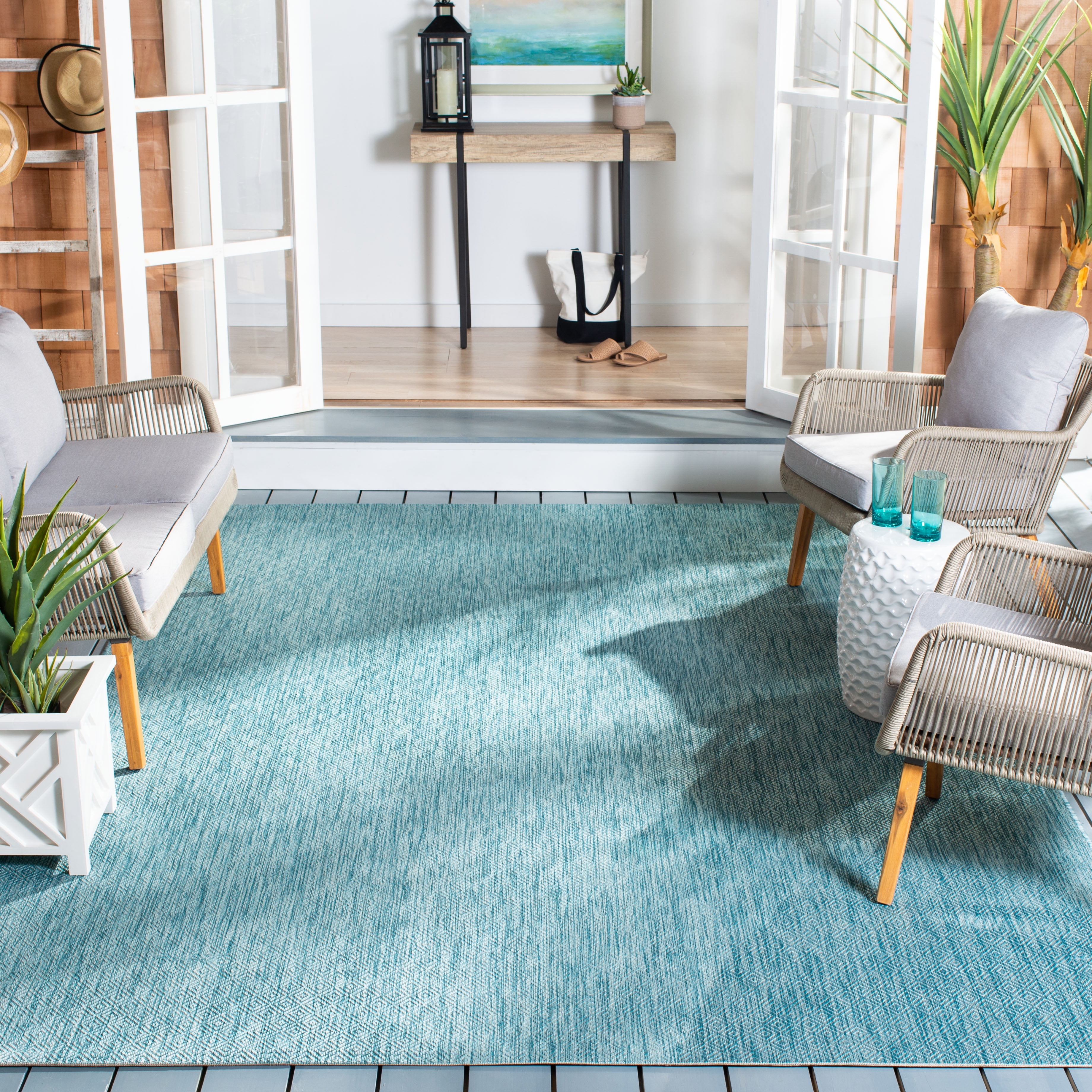 Safavieh Courtyard Mitre Geometric Indoor/Outdoor Area Rug, Aqua, 6'7" x 6'7" Square