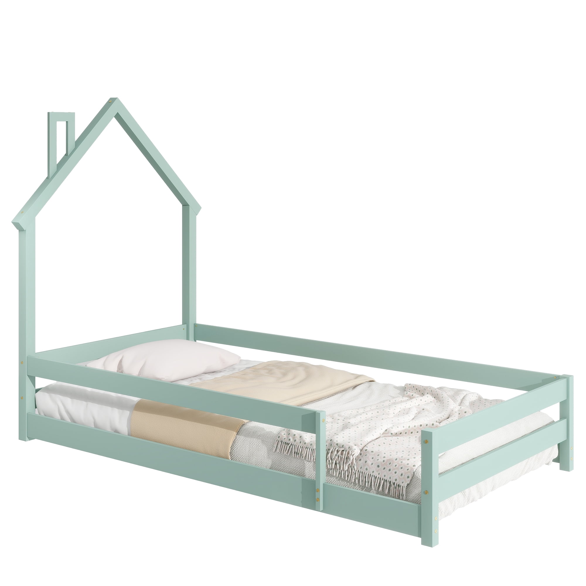 Gewnee Wood Twin Size House-Shaped Platform Bed with Headboard for Kids,Green
