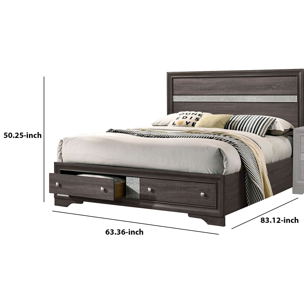Queen Bed with Plank Headboard and 2 Drawers Brown and Silver - Saltoro Sherpi
