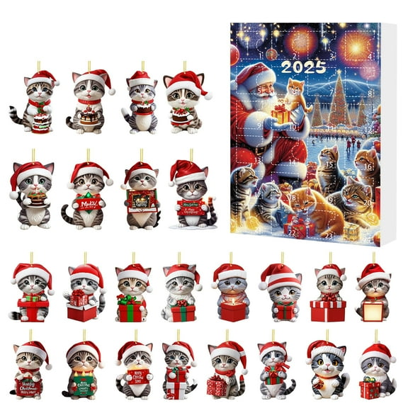 Cute Cat Christmas Advent Calendar 2025 Home Decor 24Pcs Pendant, 24 Days Christmas Advent Calendar, Countdown Calendar 2D Flat Acrylic Dog Charm, Countdown Pendant (1Set 24Pcs, A)