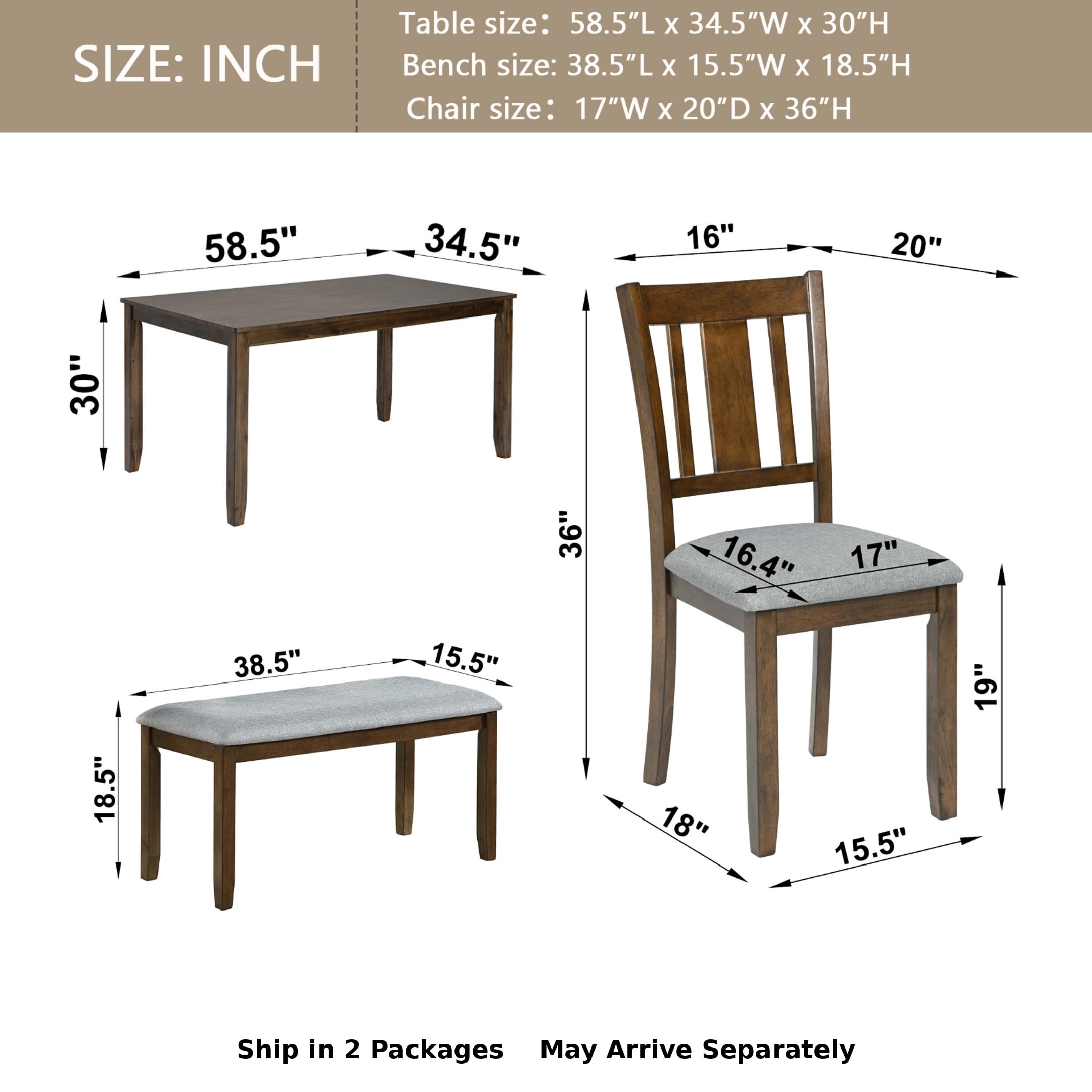 BSHTI 58.5" Acacia Wood & MDF 6-Piece Dining Table Set with Slatted Back Upholstered Chairs and Bench for Kitchen Dining Room(Walnut)