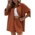 thumbnail image 2 of Liacowi Women 2 Piece Outfits Solid Color Loose Long Sleeve Shirt Elastic Shorts Casual Loungewear, 2 of 6