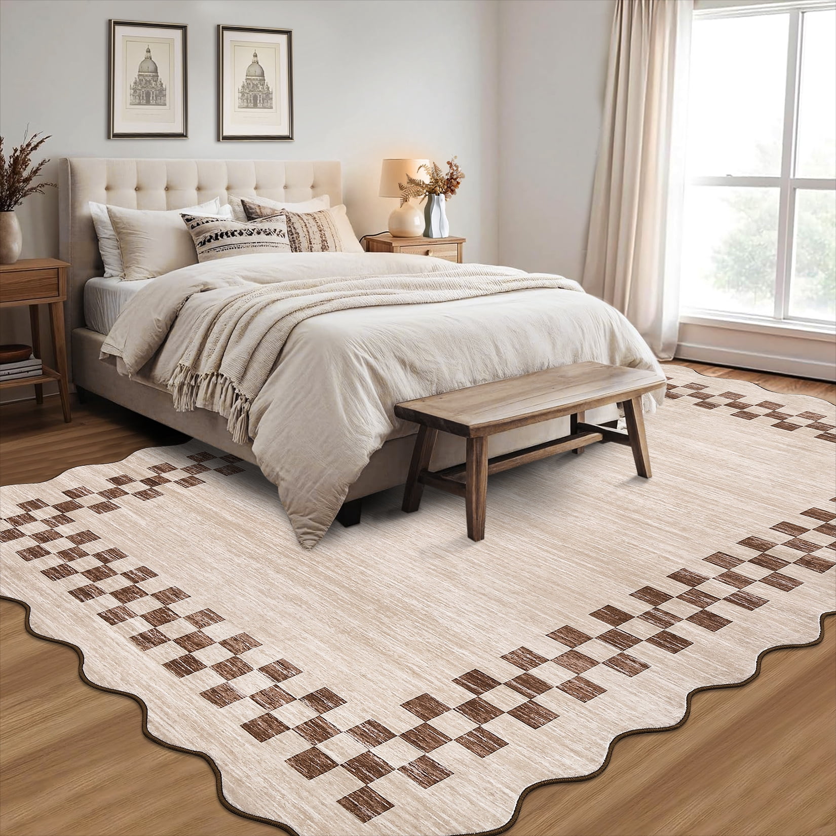Garvee 9'x12' Scalloped Area Rug, Geometric Neutral Bordered Indoor Rugs Washable Rug Stain-Resistant Low Pile Carpet for Living Room Bedroom Home Decor, Light Camel