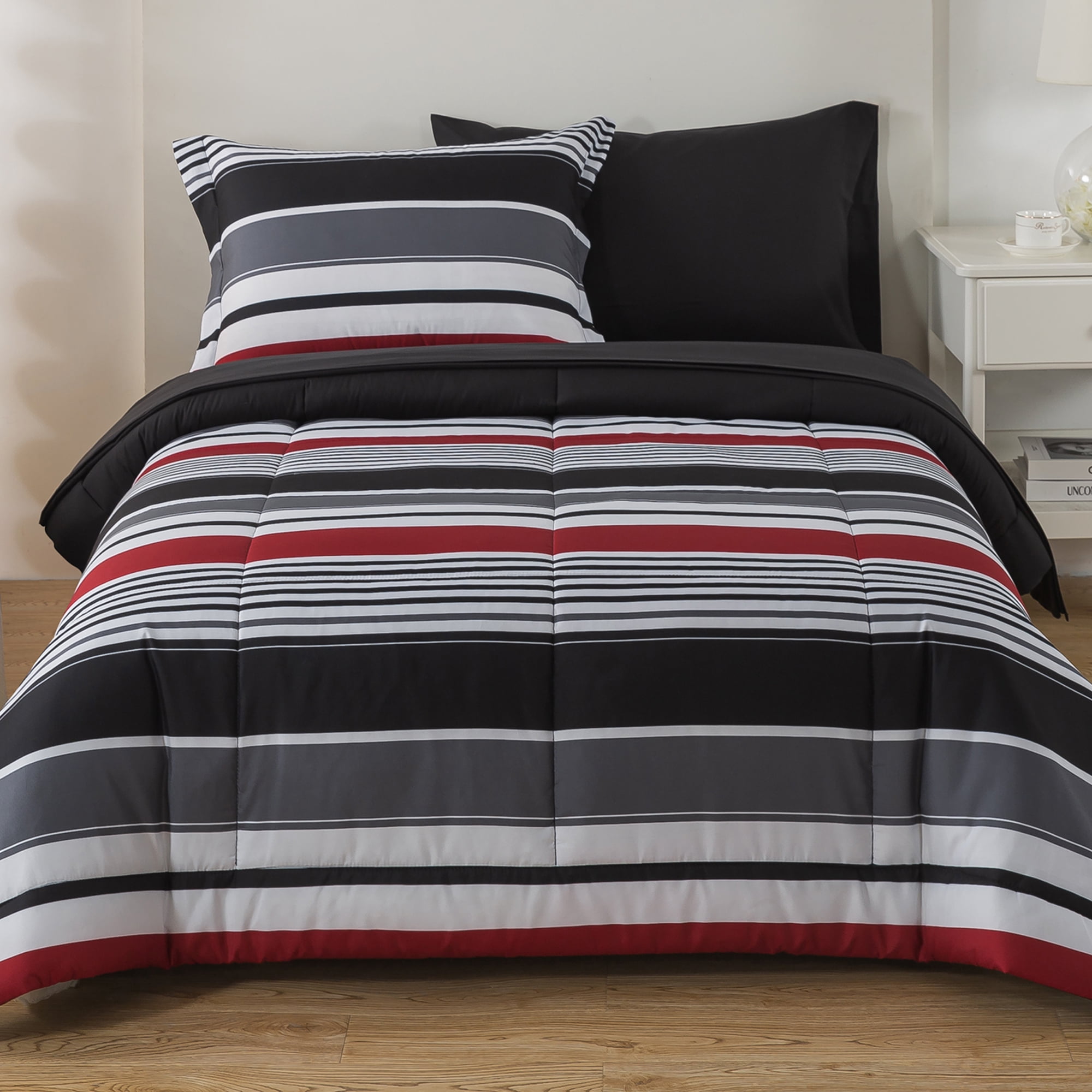 Mainstays All in One Reversible Comforter and Sheet set- 5 Piece, Twin, Red and Black Stripe