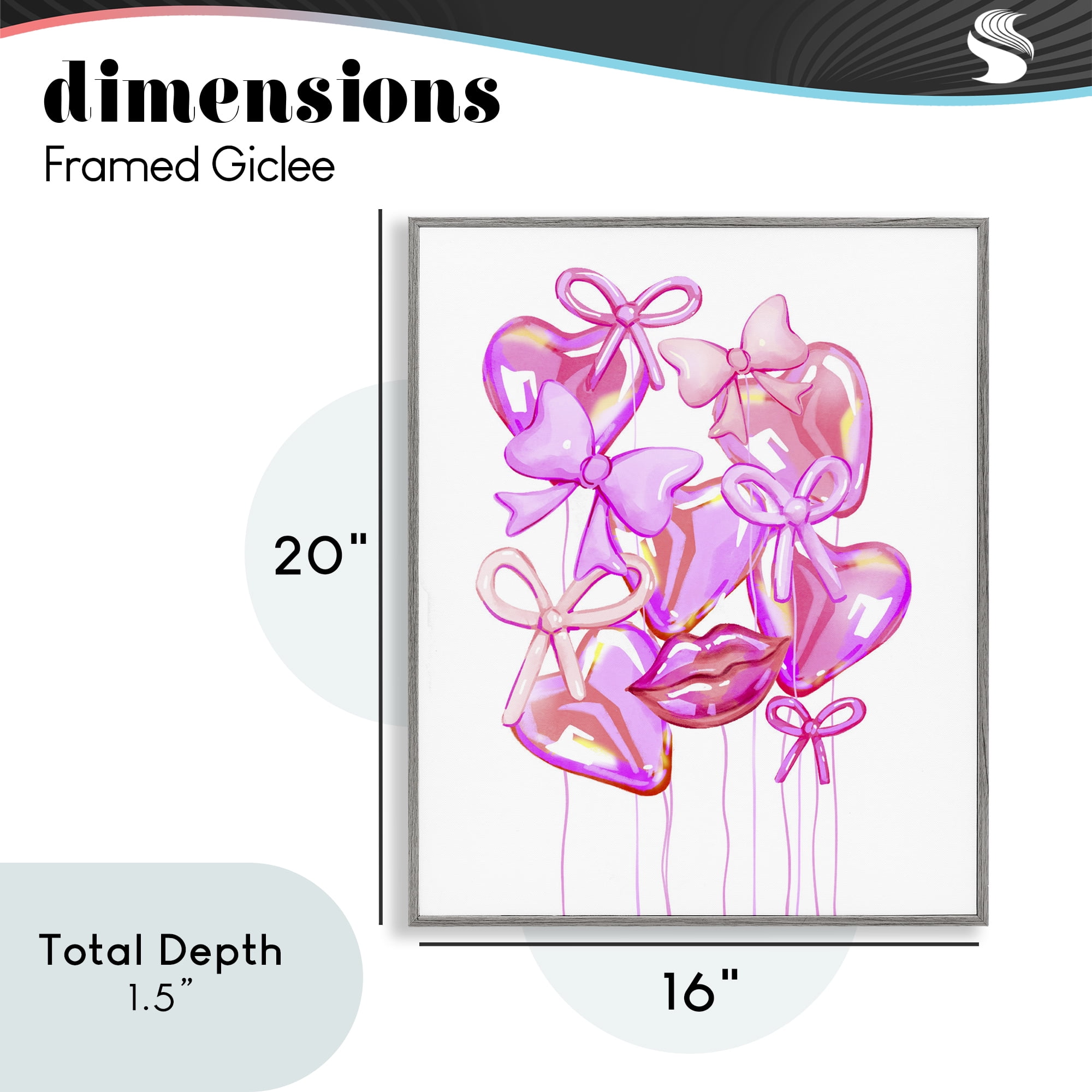 Pink Heart and Bow Balloons Gray Framed Giclee Art, design by Ziwei Li