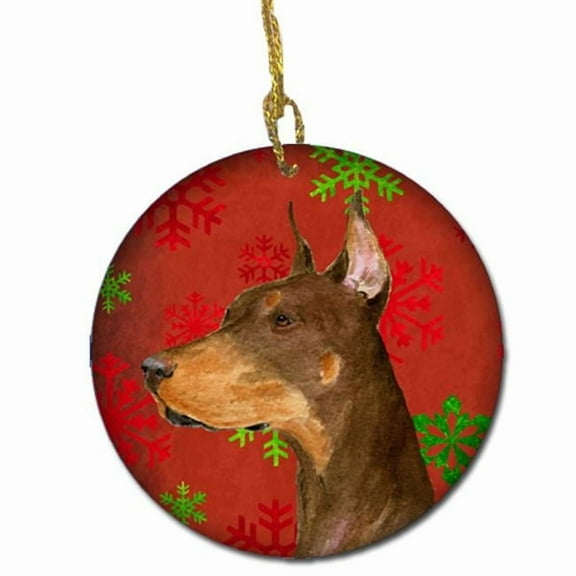 Doberman Red Snowflakes Holiday Christmas Ceramic Ornament