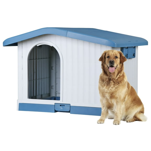 SAEWUD Large Plastic Dog House for Indoor Outdoor Use, Waterproof Pet Kennel Shelter with Vents, All-Weather Puppy Cabin, Blue, 34.6" L x 28.9" W x 24.4" H