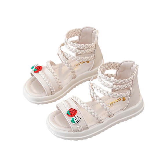 Xfvqtps Kids Girls Gladiator Sandals Back Zipper Strawberry Decor High Top Open Toe Thick Bottom Weaving Straps Soft Sole Non Slip Casual Comfortable Breathable Wedding Party Dressy Shoes Beige