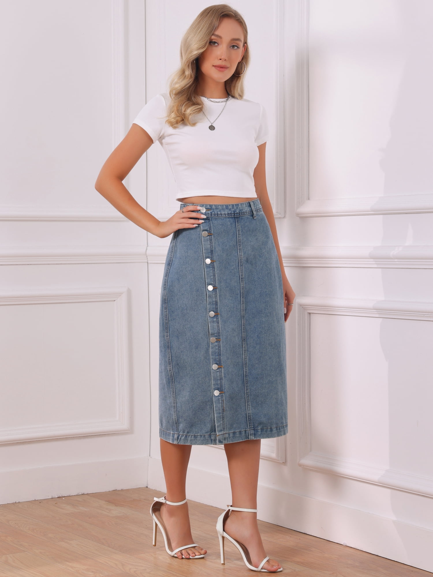 DARING DIVA Women's Denim Midi Skirt Button Up Slit Jean Skirts XX-Large Gray Blue