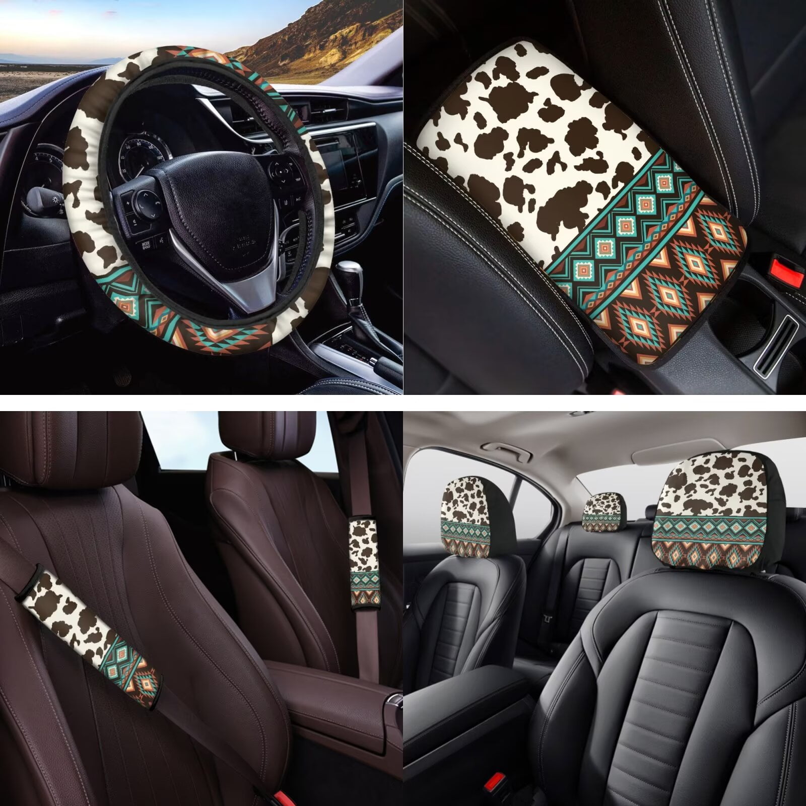 Yuyamidu Cow Print Car Seat Cover Full Set of 14 Southwest Aztec Steering Wheel Cover Seat Belt Covers Center Console Pad Cup Holder Headrest Covers Key Chain