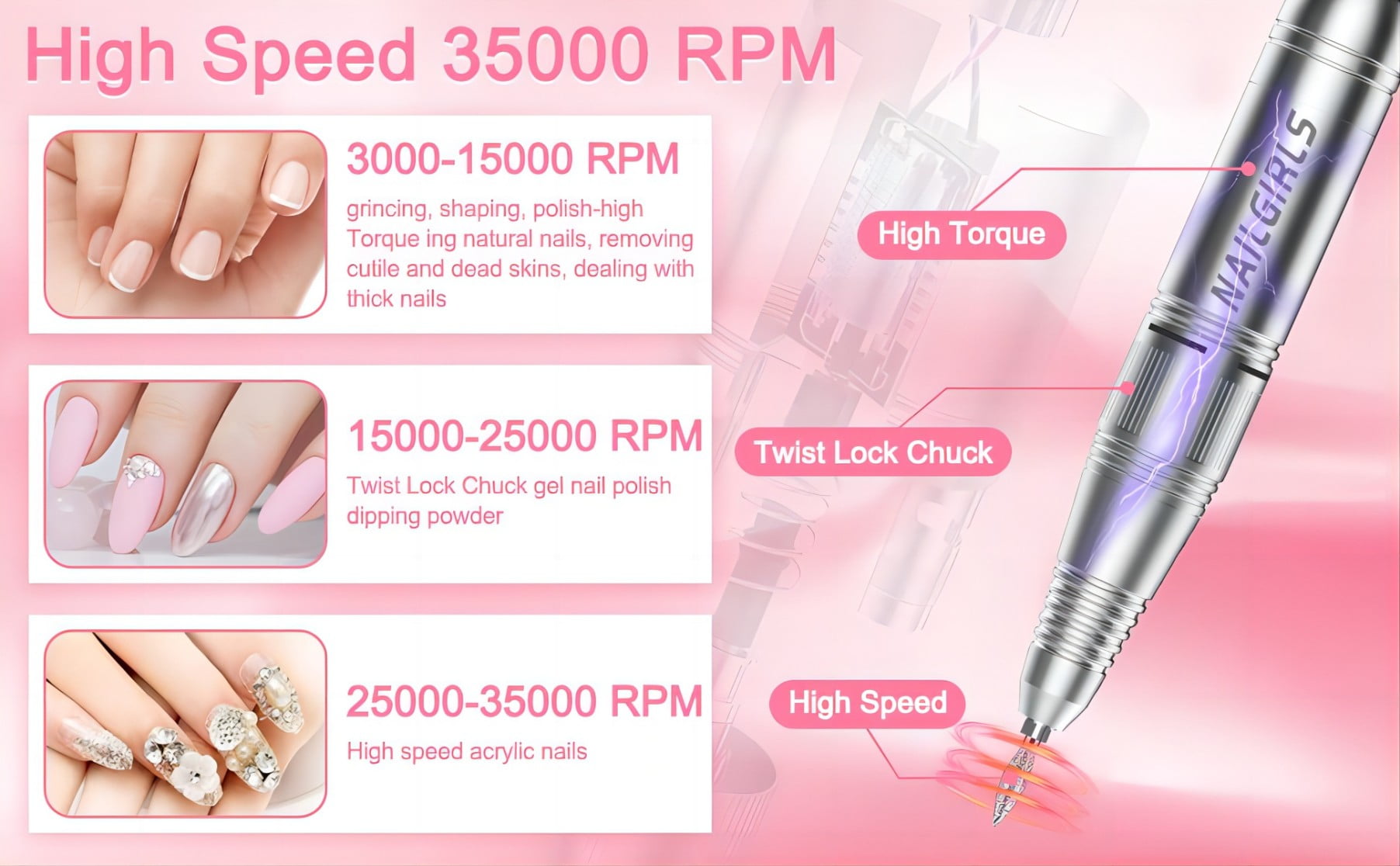 NAILGIRLS Professional 2 in 1 Nail Drill with Efficient Suction, 35000RPM Electric Nail Efile, White