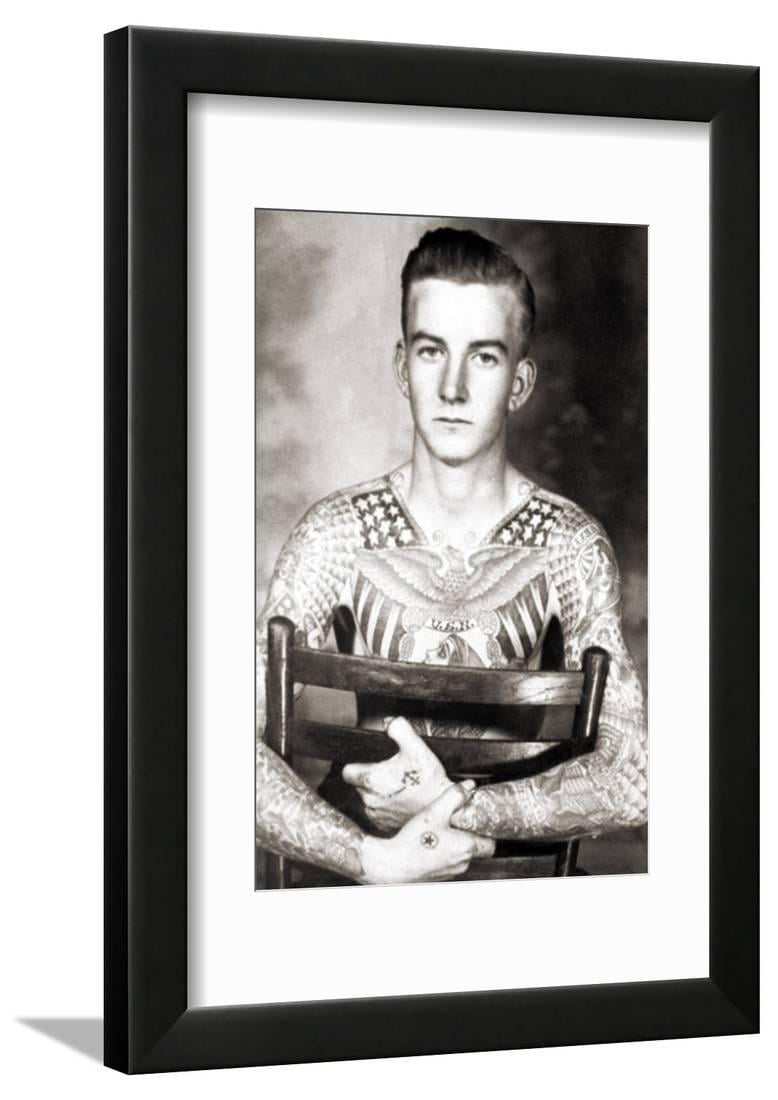 Portrait of Bob Shaw with Tattoos by Bert Grimm, C.1944 Framed Print