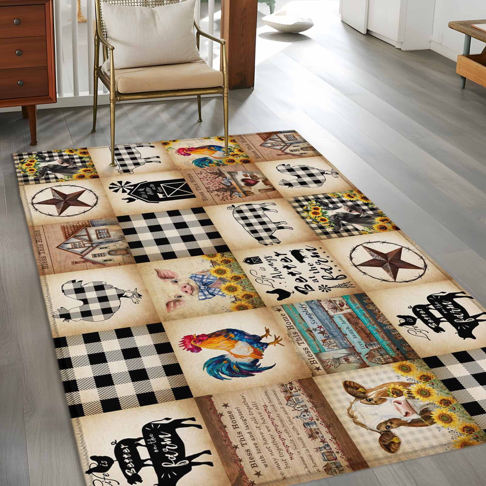 3'x5' Area Rugs, Animals Farmhouse Indoor Outdoor Area Rug for Living Room Bedroom, Vintage Farm Country Star Brown Plaid Washable Bathroom Rugs Kitchen Floor Carpet Mats Home Decor Aesthetic