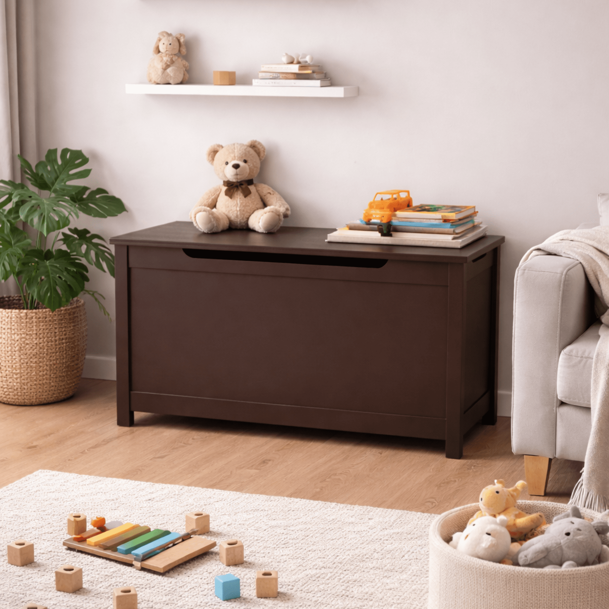 Leumius Wooden Toy Box Storage with Safety Hinged Lid,Modern Toy Storage Organizer for Living Room,Bedroom,Toddler Room,Coffee