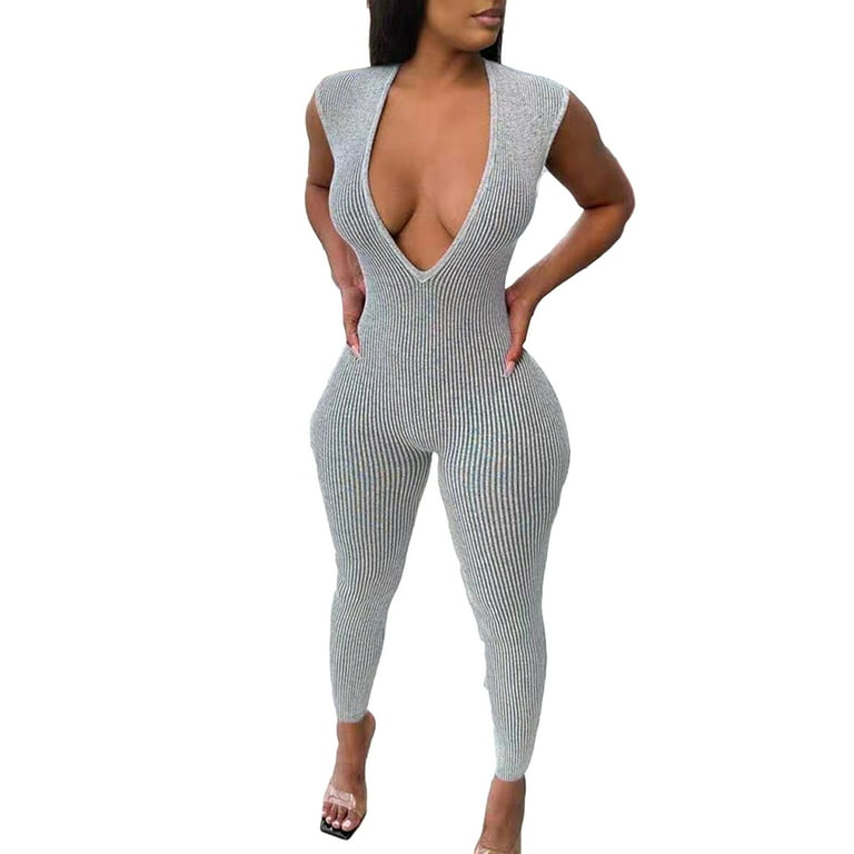 Womens Knitted One Piece Comfy Bodysuit Open Crotch Solid Color