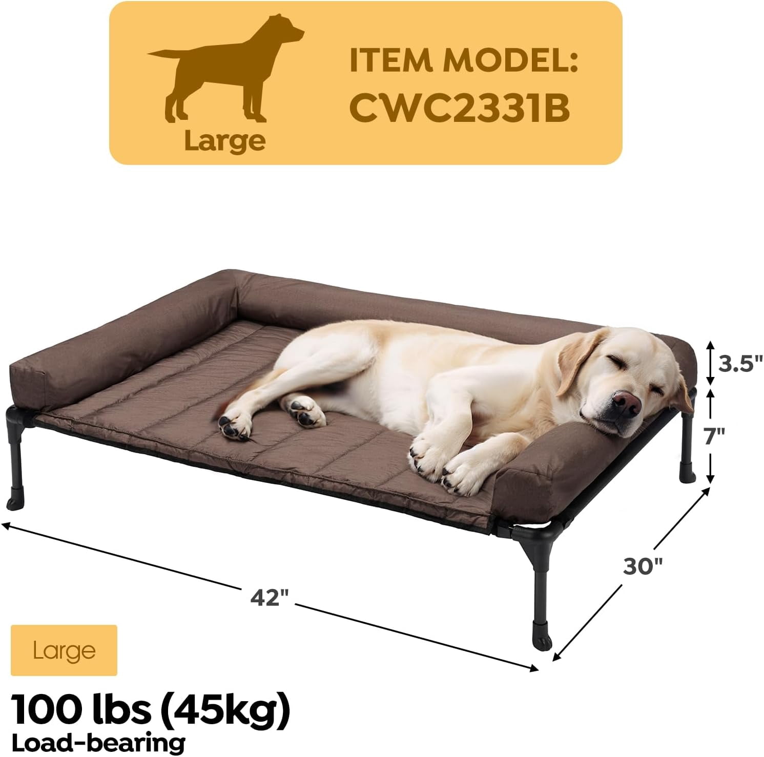 Cooling Elevated Dog Bed Add Removable Waterproof Bolster Cushion Mat, Raised Pet Cot with Breathable  Mesh, No-Slip Feet, Dog Couch Bed for Indoor Outdoor, Large, Brown