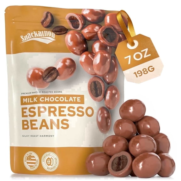 Snackathon Milk Chocolate Covered Espresso Beans, 7 OZ Resealable Bag, Smooth & Creamy Gourmet Candy Snack for Coffee Lovers