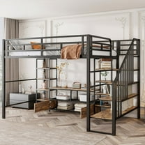 Metal Full Size Loft Bed Comes with Staircase & Low Storage Table - Black