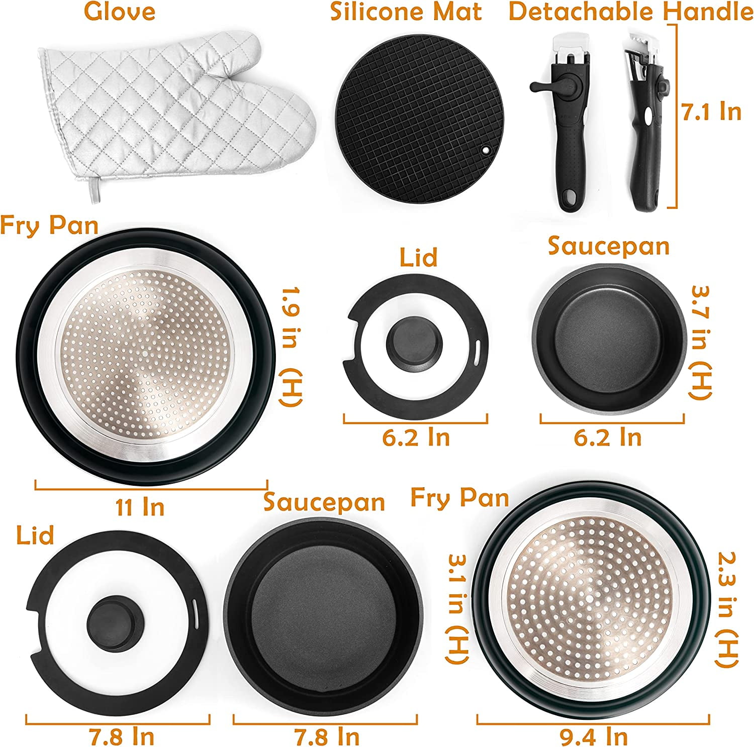 Moss & Stone 10pcs Black Pots and Pans Set Non Stick, Cookware Sets Detachable Handle, RV Kitchen Set Removable Handle, Oven Safe, Induction Ready, Stackable Non-stick Set, Camping Cookware Set