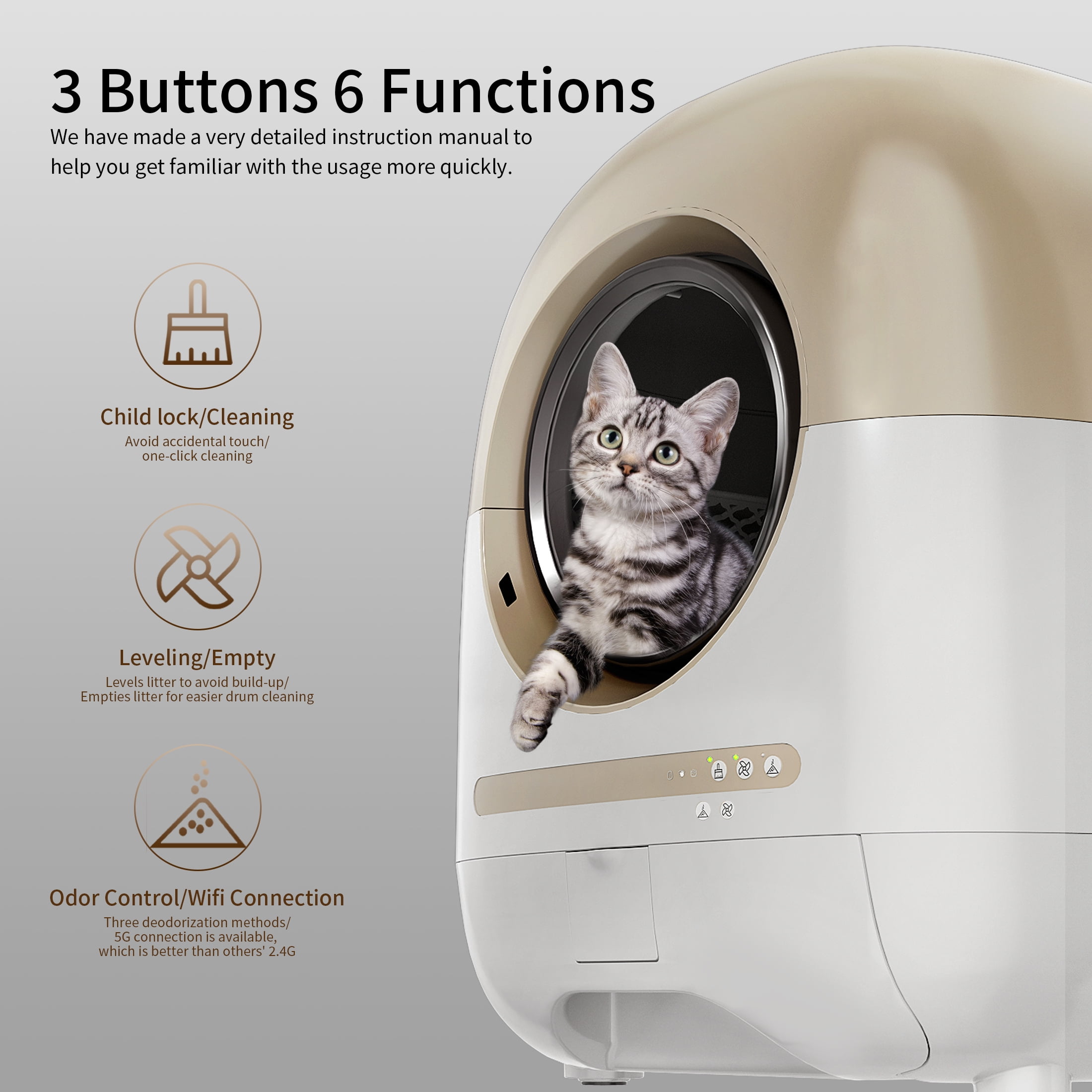 REDSASA Automatic Cat Litter Box, Self Cleaning Cat Litter Box with APP Control/Health Monitoring/Odor-Removal, Brown