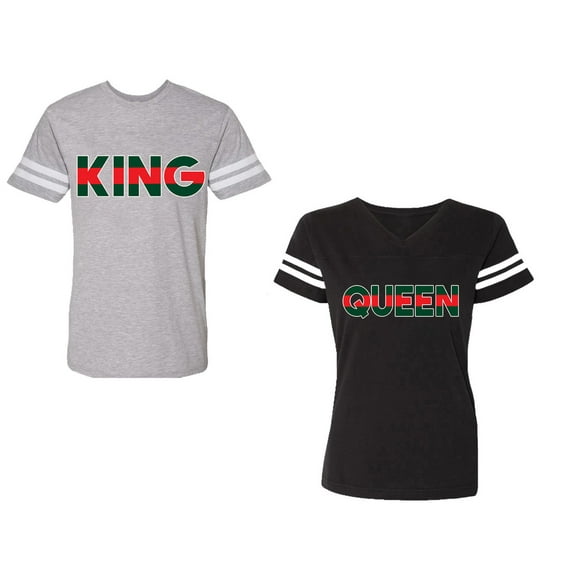 Red Green King Queen Unisex Couple Matching Cotton Jersey style T-Shirt Contrasting stripes on sleeves (Men Heather / Women Black) (Men S / Women S)