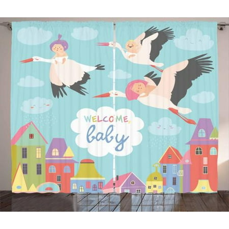 Baby Shower Curtains 2 Panels Set Storks Flying Over Town