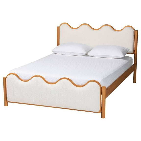 Baxton Studio Modern Scalloped Cream Boucle and Oak Brown Wood Queen Platform Bed
