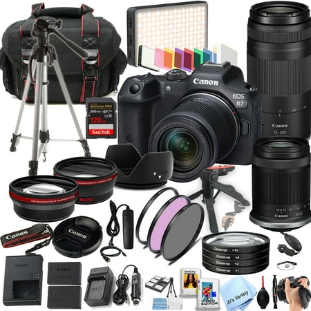Canon EOS R7 32.5MP APS-C CMOS Sensor Mirrorless Camera with 18-150mm + 75-300mm Lenses + 128GB Extreme Memory LED Video Light Wide Angle Lens Telephoto Lens Filters- 44pc Pro Bundle Canon EOS R7 32.5MP APS-C CMOS Sensor Mirrorless Camera with 18-150mm + 75-300mm Lenses + 128GB Extreme Memory LED Video Light Wide Angle Lens Telephoto Lens Filters- 44pc Pro Bundle