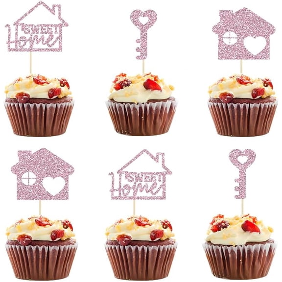12pcs Pink Glitter Sweet Home Cupcake Toppers key Housewarming Cake Picks New House Warming Party Decorations Supplies