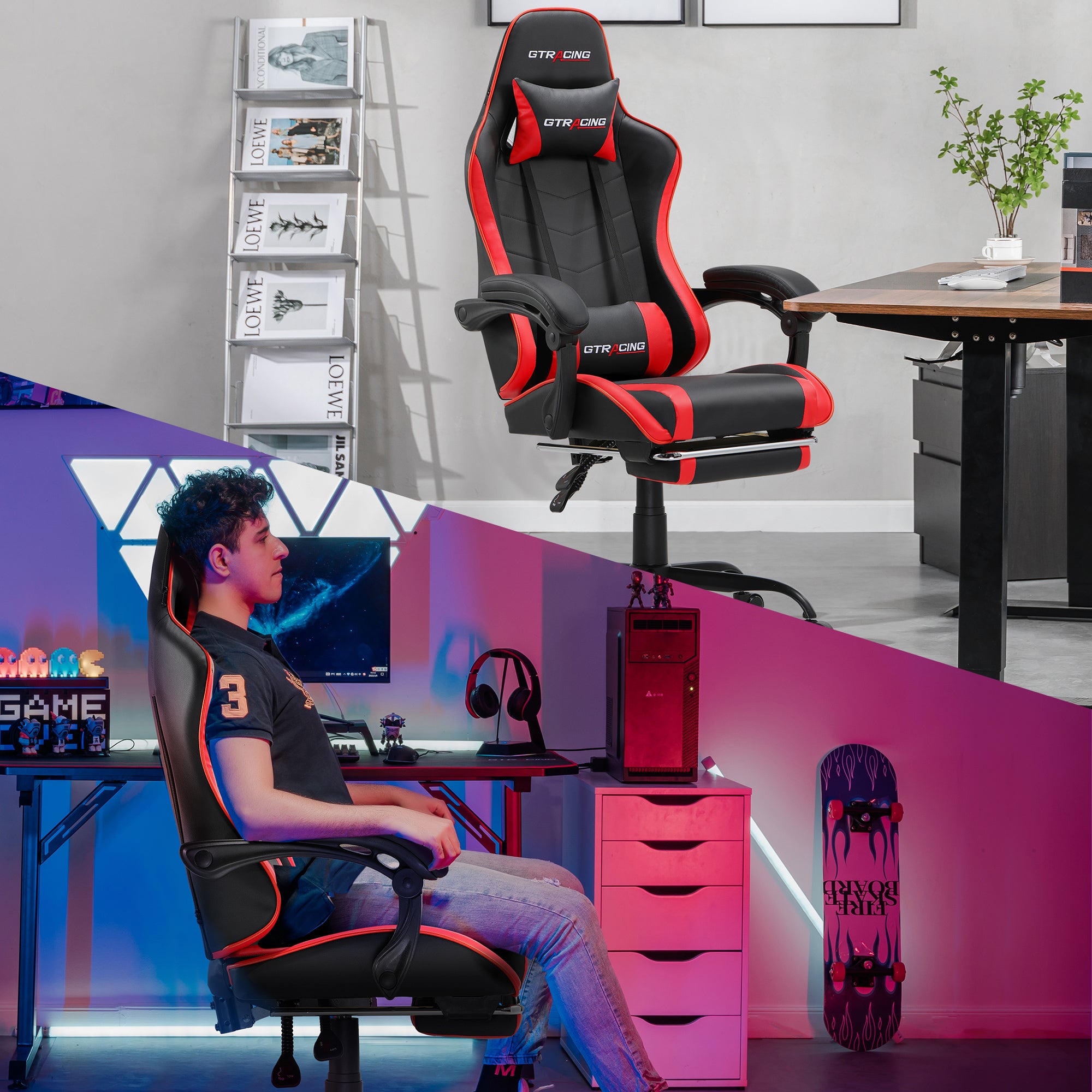 GTRACING GTWD-200 Gaming Chair with Footrest, Height Adjustable Office Swivel Recliner, Red - image 2 of 8