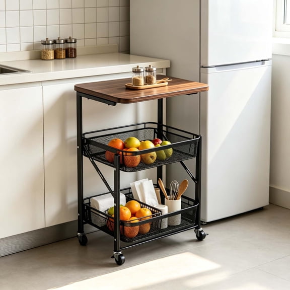 Zehiseta Foldable 3Tier Metal Utility Cart, SpaceSaving Rolling Organizer With Wood Top, Mesh Baskets For Garage Living Room