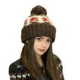 thumbnail image 2 of Women's Fair Isle Pom-Pom Knit Hat, Slouchy Winter Beanie with Ear Flaps, Warm Fairisle Patterned Hat, Cold Weather Slouch Cap, Slimming Face Wool Hat, Unisex Design - Brown, 2 of 4