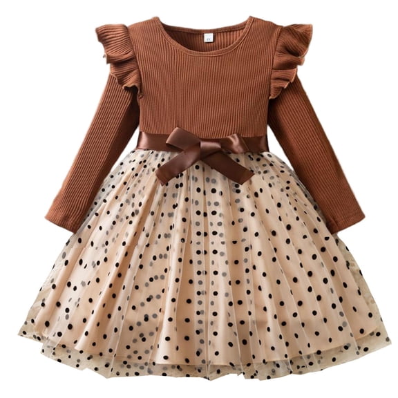 JSGEK Toddler Girl Polka Dotted Multilayer Ruffled Long Sleeve Trendy Party Dresses Yellow 7 Years