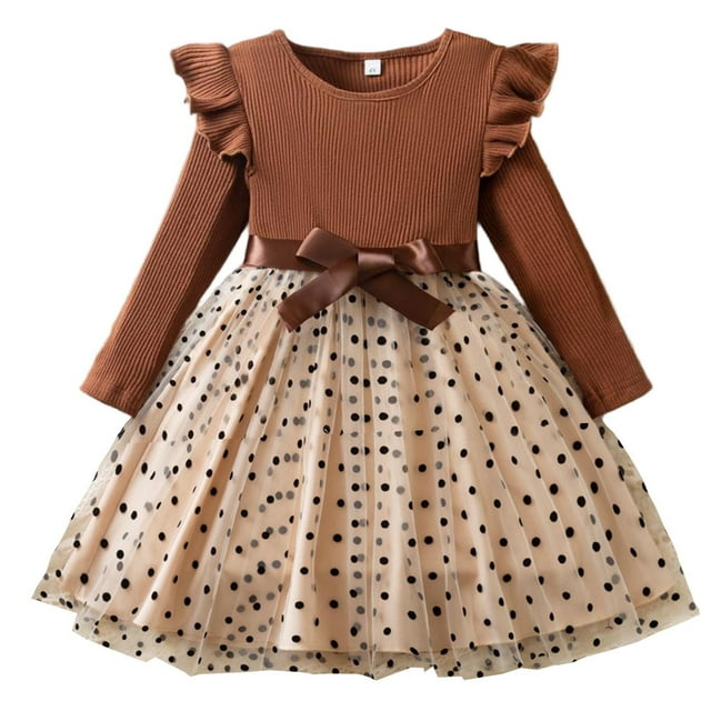 Floleo Robe à Pois pour Filles, Mode, Manches Volantées, Manches Longues, Col Rond, Nœud, Robe Princesse en Maille pour Fête, Robe Décontractée Évasée pour Tout-Petits et Enfants (Kaki, 6 Ans)
