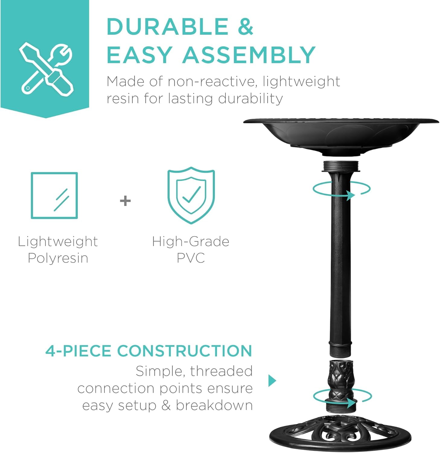 NIUMU  28in Pedestal Bird Bath, Vintage Outdoor Resin Accent Decoration w/Fleur-de-Lis Accents - Black