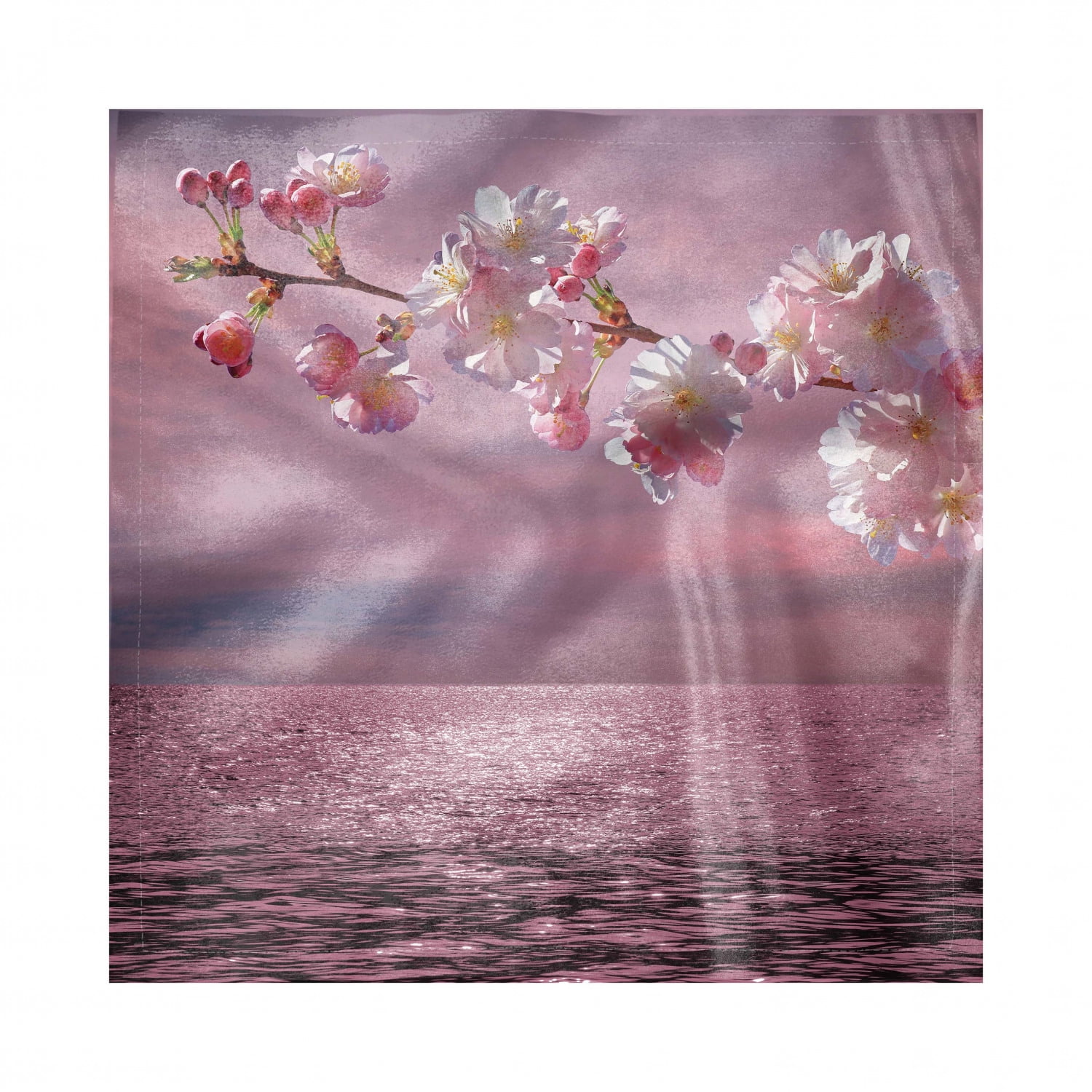 Japanese Napkins Set of 4, Floral Branch of Cherry Blossom on Abstract Pinkish Sea and Dramatic