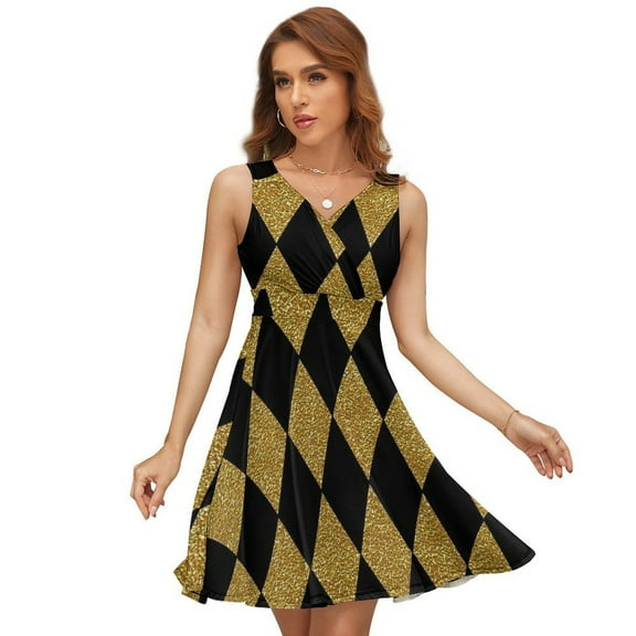 Black And Gold Harlequin Sundress Sleeveless Dress Summer Women Clothes Dress for Women Dresses