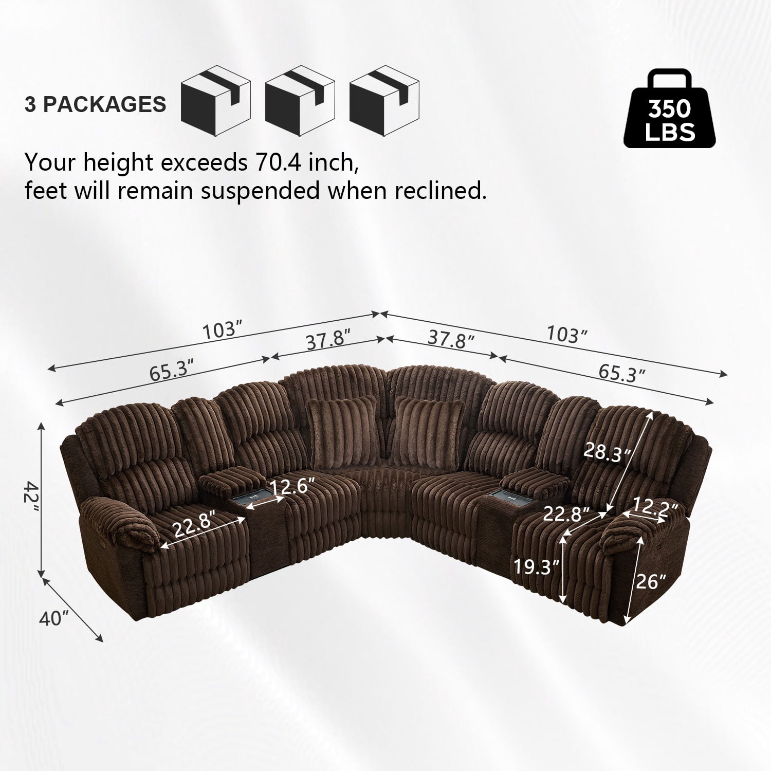Comfort Stretch Power Recliner Sectional Faux Fur Sofa with Wireless Charging USB Type-C Ports Storage Console 2 Pillows Brown